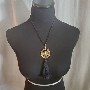 Gold Mandala with a Black Tassel Necklace